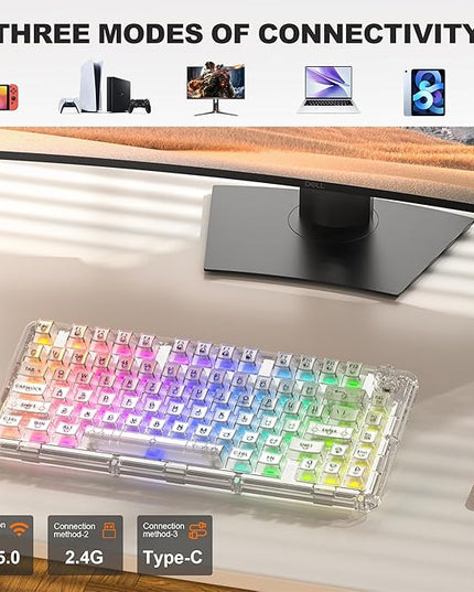 Transparent Mechanical Keyboard, RGB Backlit Wireless Creamy Gaming Keyboards, Hot Swap Customizable Clear Acrylic Design, 80-Key Quiet Linear Switches, 3 Modes BT5.0/2.4G/USB-C 4000mAh Battery, White