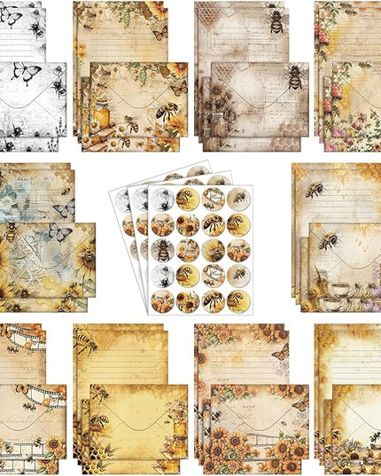 TaoBary 160 Pcs Stationery Paper Set 50 Double Sided Stationery Papers with 50 Matching Envelopes and 60 Round Dot Sticker, 10 Design (Vintage Bee Floral Butterfly,8.25 x 5.5 Inch)