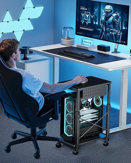 ARES WING Height Adjustable Computer Tower Stand, 2-Tier PC Tower Stand for Most PC, CPU Holder Cart with Locking Wheels for Gaming Home Office, 21.7"-33.5" Height