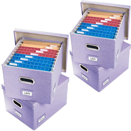 PRANDOM File Organizer Box - Set of 4 Collapsible Decorative Linen Filing Storage Hanging File Folders with Lids Office Cabinet Letter/Legal Size Purple 17.1x14x11.1 inch