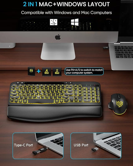 SABLUTE Wireless Keyboard and Mouse Combo - Ergonomic Wave Keyboard with Soft Leather Wrist Rest, Phone Holder, Rechargeable, RGB Backlit Mouse, Full-Size Set for Windows/Mac/Computer (Black)
