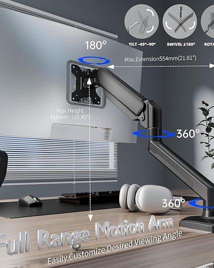 Single Monitor Arm Desk Mount，Gas Spring Monitors Arm for 17-32 inch Screens,Adjustable Computer Monitors Stand up to 4.4 to 19.8 lbs,Vesa Mount with Clamp and Grommet Base, VESA 75 & 100mm