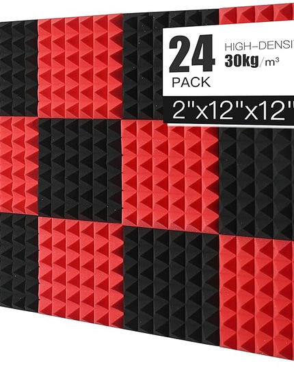 Acoustic Foams Panels 24 Pack 2" x 12"x 12" Sound Proof Foam Panels for Walls High Density and Fire Resistant Soundproofing Panels Soundproof Studio Pyramid Sound Dampening Panels Black Red