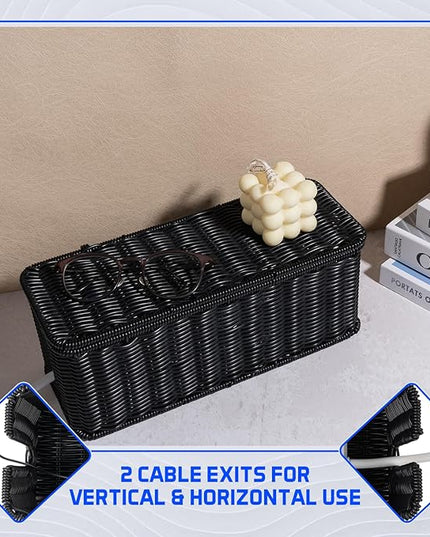 Cable Management Box, Handmade Rattan Cable Organizer, 2 Open Slots Cords Hider Box, Under Desk Cord Organizer for Computer Router USB Hub & Power Strip, Patent Pending, 13" x 5.1" x 5.1", Black