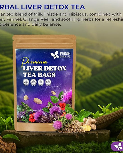 FreshDrinkUS, Premium Liver Detox Tea Bags | 135 Count | Eco-Conscious Corn Fiber Tea Bags | Ayurvedic Stomach Relief & Liver Support | Vegan, Caffeine Free, Kosher