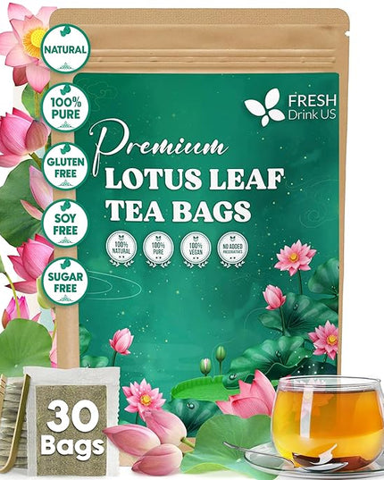 FreshDrinkUS, Premium 30 Lotus Leaf Tea Bags, 100% Natural & Pure from Lotus Leaves. Loose Leaf Lotus Herbal Tea. Made with Eco-Conscious Tea Bags. No Sugar, No Caffeine, No Gluten, Vegan.