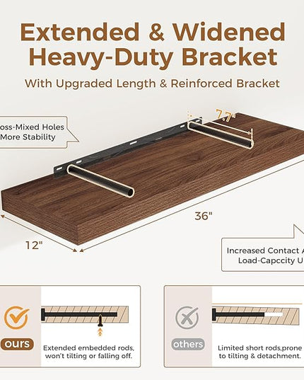 Floating Shelves 36 Inch Long, 12 Inch Deep Floating Shelves for Wall, 36 x 12 Shelves for Wall Storage & Display, 2" Thick Floating Shelf for Bathroom, Living Room, Bedroom, Walnut Color, Set of 1