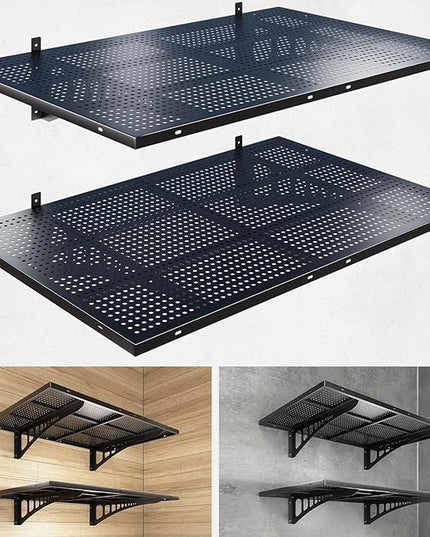 2-Pack 2x3ft Heavy Duty Garage Wall Shelving, 500 lbs Load Capacity, Garage Shelving Wall Mounted, Garage Storage Rack with Hooks, Black