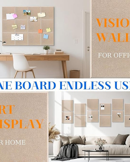 DOLLAR BOSS Large Cork Board for Wall 48" x 36" x 0.5" Bulletin Board 12 Packs Corkboard Tiles Self Adhesive Felt Wall Tiles for Office Home School, Latte