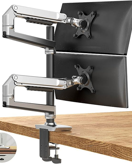 Dual Monitor Mount, Holds Screens up to 40 Inches and 25 lbs, Fully Adjustable Dual Monitor Arm with C-Clamp and Grommet Base, Aluminum, Silver