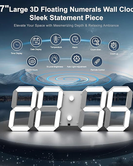 3D Digital Wall Clock 17" with Remote Control,Led Clock Adjustable Brightness Timer 12/24 Hr Time/Date/Temperature for Living Room/Office/Restaurant