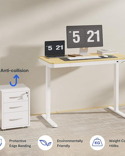 FLEXISPOT Comhar Electric Standing Desk with Drawers Charging USB Port, Height Adjustable 48" Whole-Piece Quick Install Home Office Computer Laptop Table with Storage (Maple Top + White Frame)