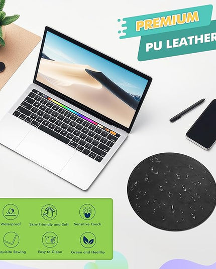 Mouse Pad，Round Mouse Pad，PU Mouse Pad，Leather Mouse Pad with Stitched Edge Micro-Fiber Base with Non-Slip Waterproof，Mouse Pad for Computers，Laptop，9 x 9 Inch (Charcoal Black)