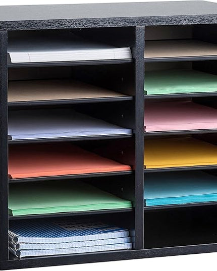 AdirOffice Wooden Adjustable Literature Organizer, 12 Compartment Office Mailbox, or Classroom Literature Organizer, Black