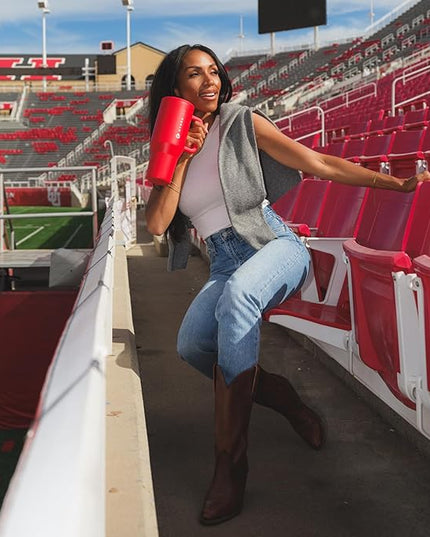 HydroJug Traveler - 40 oz Water Bottle with Handle & Flip Straw - Fits in Cup Holder, Leak Resistant Tumbler-Reusable Insulated Stainless Steel & Rubber Base - Gifts for Women & Men, Alumni Red