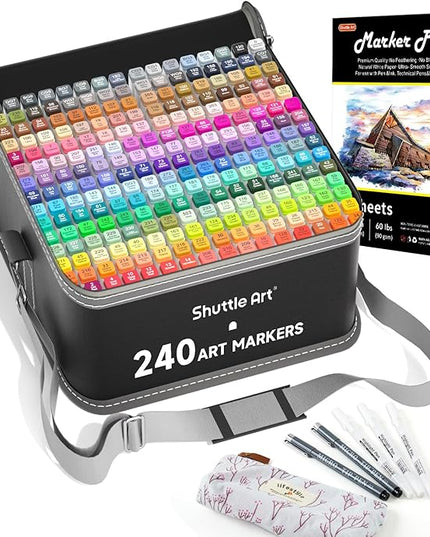 Shuttle Art 240 Colors Alcohol Markers, 239 Colors Dual Tip Art Marker Set Plus Colorless Blender, Micro-tip Pens, White Highlighter Pens, Marker Bag with Holders Perfect for Students Adults Coloring