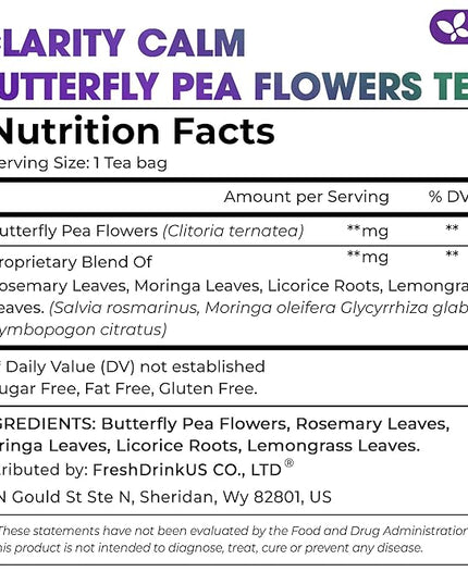 FreshDrinkUS, Clarity Calm Butterfly Pea Flower Tea – 60 Tea Bags Herbal Blend of Butterfly Pea Flower, Rosemary, Moringa, Lemongrass & Licorice Root – Caffeine-Free. Sugar-Free. Gluten-Free. Vegan