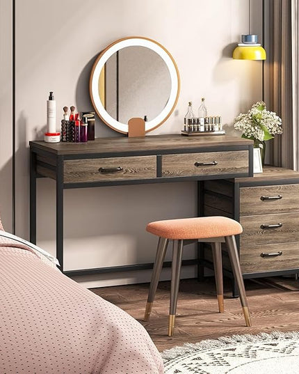 Tribesigns Computer Desk with 5 Drawers, Home Office Desks with Reversible Drawer Cabinet Printer Stand, Industrial PC Desk with Storage, Grey Study Writing Table Workstation for Small Spaces