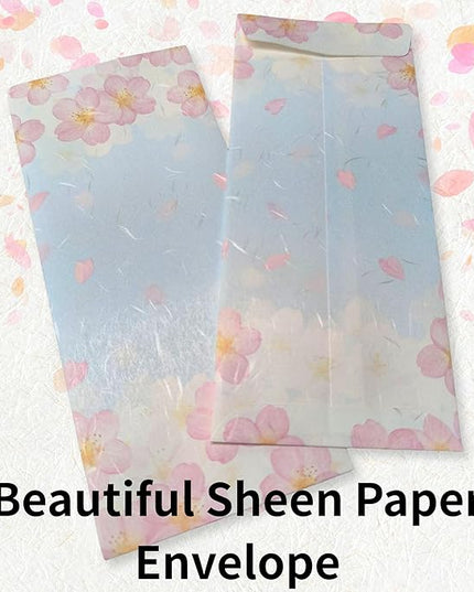 Japanese Cherry Blossom Envelopes 8 Pack, Made in Japan, (Blue Sky), Elegant Washi Paper, Self Sealing, Sakura