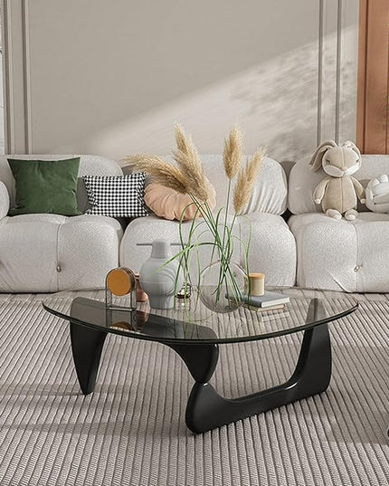 EASYSOUL Modern Glass Coffee Table, 32.68" D x 22.44" W x 15.75" H, Abstract Round Tea Tables for Living Room Home Office Industrial Cocktail Tables (Black-Clear Glass, 32.68")