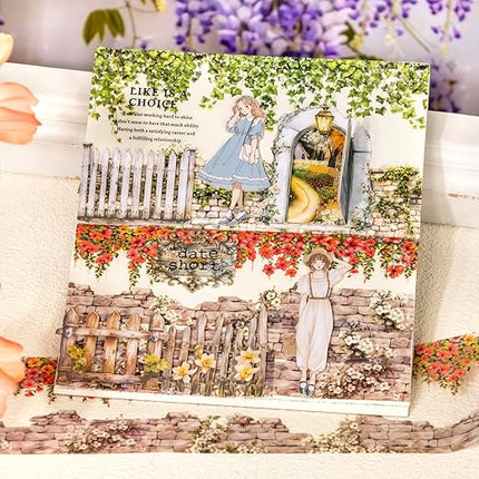 MiyouLuna 6 Rolls Flower Wall PET Tape Set, Seamless Floral Brick Stone Stickers for Journaling, DIY Crafts, Planner, Scrapbook Supplies with Clip, Waterproof and Decorative