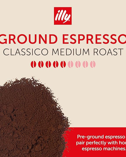 illy Ground Espresso Coffee, Classico Medium Roast, 100% Arabica, Premium Italian Coffee, Pre-Ground for Espresso Machines, 8.8oz, 6 Pack