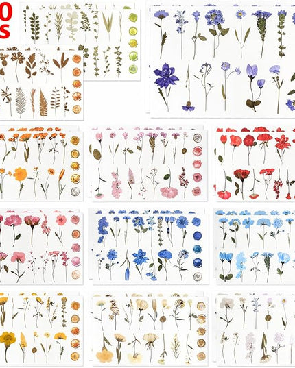 NESSCCI Pressed Flower Themed Stickers (Assorted 480 Pieces,24 Sheets) Scrapbook Supplies,Stickers for Journaling, Dried Floral Resin,Scrapbook Sticker,Junk Journal Sticker