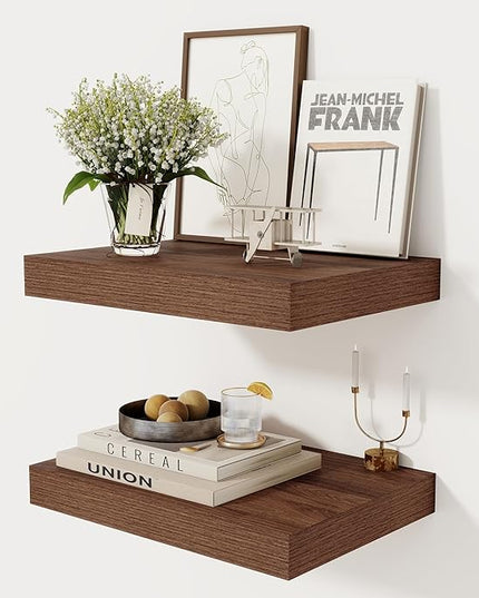 12 Inch Deep Floating Shelves, 16 x 12 Floating Shelf for Books, Rustic Wood Deep Wall Shelves for Home Storage & Display, 2" Thicked Shelves for Kitchen, Living Room, Bedroom, Walnut Color, 2 Pack