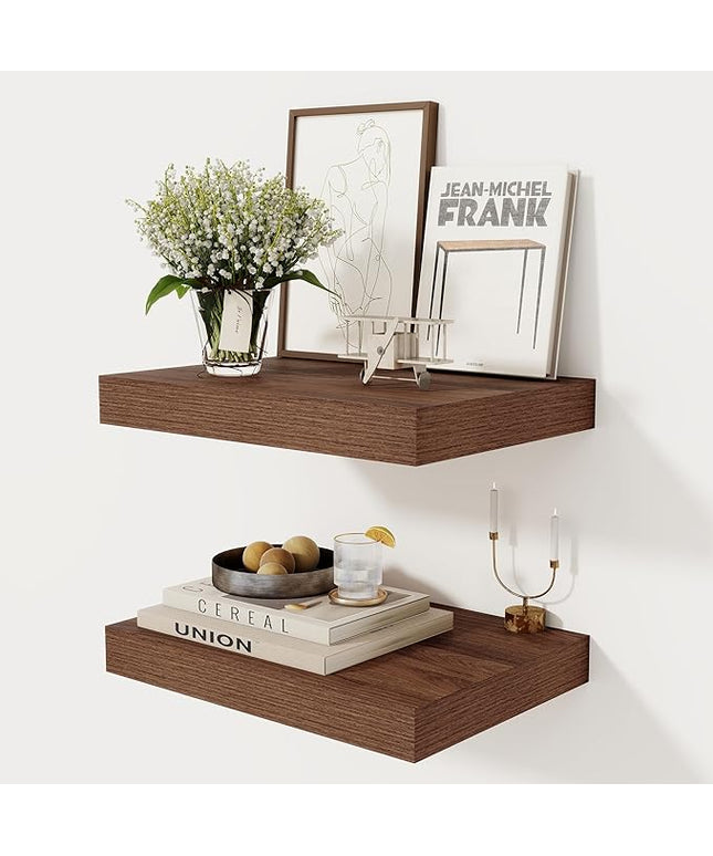 12 Inch Deep Floating Shelves, 16 x 12 Floating Shelf for Books, Rustic Wood Deep Wall Shelves for Home Storage & Display, 2" Thicked Shelves for Kitchen, Living Room, Bedroom, Walnut Color, 2 Pack