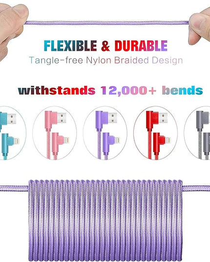 for iPhone Charger Cable Right Angle Lightning Cable 5Pack 90 Degree 6FT Nylon Braid Charging Cord Fast Charging Compatible for iPhone 14/13/12/12pro/11/11pro/XS/MAX/XR/X/8P/8/7P/7/6