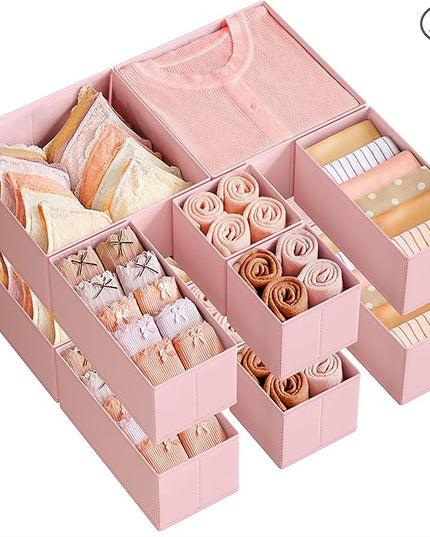 SONGMICS Drawer Organizers, Dresser Divider Organizers, Set of 12, Foldable Fabric Storage Boxes for Socks, Underwear, Bras, Ties, Scarves, Jelly Pink URDZ006R01