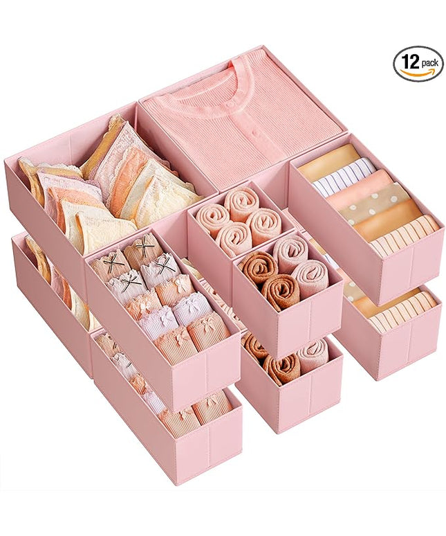 SONGMICS Drawer Organizers, Dresser Divider Organizers, Set of 12, Foldable Fabric Storage Boxes for Socks, Underwear, Bras, Ties, Scarves, Jelly Pink URDZ006R01