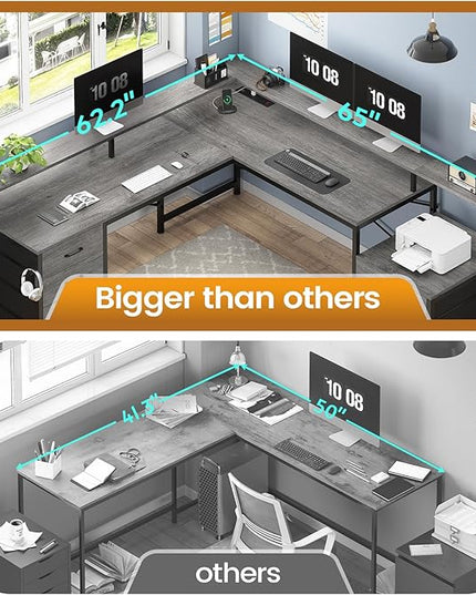 SEDETA L Shaped Desk with 6 Drawer, 108" Home Office Desk with File Drawer & Power Outlet, Corner Computer Desk with Monitor Shelf, Two Person Desk, Gaming Desk with Led Lights, Grey
