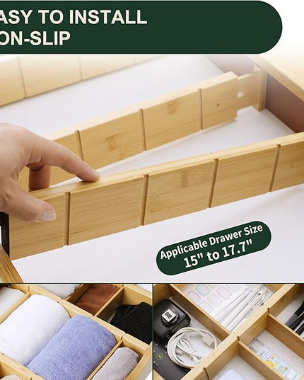 Utoplike 4 PCS Bamboo Kitchen Drawer Dividers with Inserts(Fits 15"-17.7" Drawer Inner Size), Adjustable Drawer Organizers for Socks, Spring Loaded, for Bedroom, Dresser, Bathroom