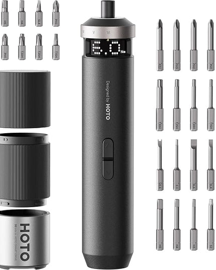 HOTO PixelDrive Electric Screwdriver, Smart Display, 6 Torque Settings, 0.5 to 6 N·m, 1/4'' Hex 30 Bits, LED Light, 2000 mAh Rechargeable Cordless Screwdriver Set for Electronics, Home Repair
