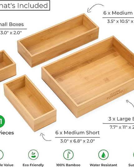 Grow Forward Bamboo Drawer Organizer Boxes - Set of 21 Wooden Drawer Organizers for Kitchen, Bathroom, Office, Desk, Vanity, Makeup - Non-Slip Junk Drawer Organizer Trays for Storage and Organization