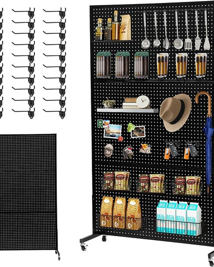 3.5'x 6' Pegboard Display Stand with T-Base, Metal Peg Board Organizer Panels Display Rack With Wheel, Standing Pegboard Display, Extra 30 pieces Hooks, Black