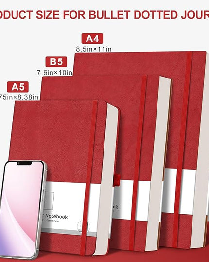 AHGXG Bullet Dotted Journal - 320 Numbered Pages Dot Grid Notebook A5 Thick Journal, 100gsm Thick Dotted Paper, Leather Hardcover,Inner Pocket, 5.75'' × 8.38'' - Red