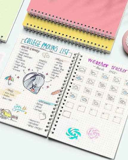 AHGXG Bullet Dotted Journal, 3 Pack Spiral Notebook A5, with 100GSM Thick Dot Grid Paper, Transparent Hardcover, Journal Stencils, 80 Sheets, 5.7" x 8.3", Yellow, Green, Blue