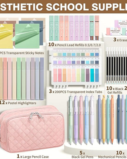 62PCS Aesthetic School Supplies with Cute Pencil Case, Pastel Highlighters Black Ink Gel Pens Mechanical Pencils Kit, Back to School Supplies College Essentials Preppy Stationary Set for Student Girls