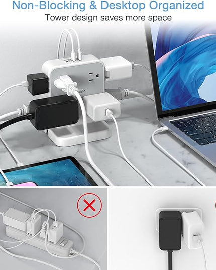 Power Strip Tower Surge Protector, TESSAN 8 AC Outlets with 3 USB (1 USB C Port), 5 FT Flat Plug Extension Cord with 900 Joules Protection, Desk Charging Station for Home Office Supplies, Dorm Room