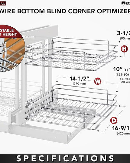Rev-A-Shelf Dual Tier Pullout Shelf Organizer for Blind Corner Kitchen or Bathroom Cabinets with Soft-Close,18", 4 Shelves, Chrome, 5PSP-18SC-CR