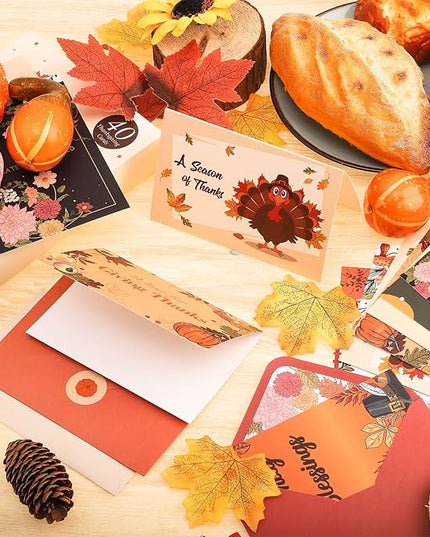 40 Pack Thanksgiving Cards with Envelopes, 4 x 6 in Bulk Thanksgiving Cards with Stickers, 10 Designs Thanks & Blessings Greeting Card Boxed for Fall Autumn Holiday Parties Celebrate the Harvest