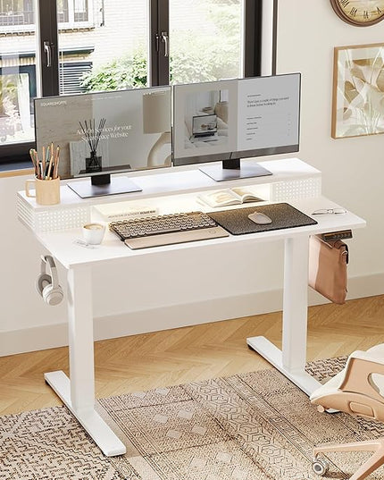 Claiks Electric Standing Desk with Shelf, 55 Inch Height Adjustable Standing Desk with LED Lights & Monitor Stand, White Frame/White Top