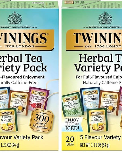 Twinings Herbal Tea Variety Pack, 20 Count (Pack of 2), Formerly Assorted Herbal, Includes 5 Flavours, Naturally Caffeine-Free, Enjoy Hot or Iced, 20 Teabags