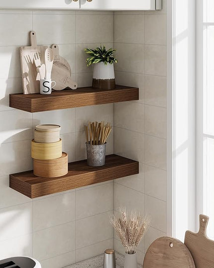 Fun Memories Floating Shelves Bathroom for Wall Mounted Shelves, 20 Inch Wood Shelf Set of 2, Home Storage & Display Decor, Walnut