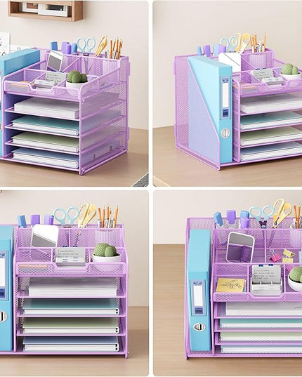 Lavatino 5-Tier Metal Mesh Desk Organizer with File Holder & 7 Customizable Compartments | Paper Letter Tray for Office or Home Desk Storage | Keep Workspace Supplies Neat & Organized, Purple