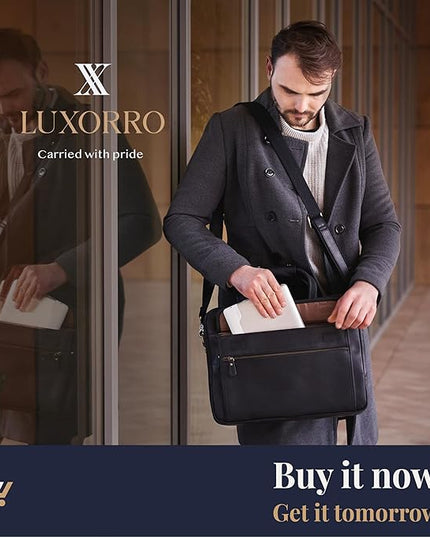 Luxorro Full Grain Leather Briefcase for Men, Top Choice Gifts for Men, Handcrafted Leather Laptop Bag with Multiple Compartments and Brass Hardware, Fits 15.6 Inch Laptop