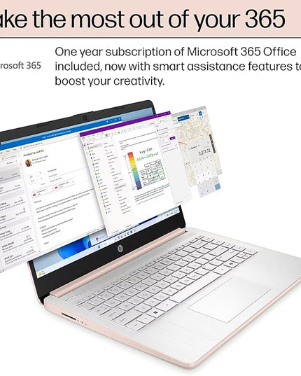 HP 14 Laptop Student Business 2025 Flagship, AI Copilot, 4-Core 13th Gen Intel CPU, 16GB RAM 628GB Storage (128GB UFS+ 500GB Ext), 1-Yr Office 365, Long Battery HubxcelAccessory Win 11S Rose Gold