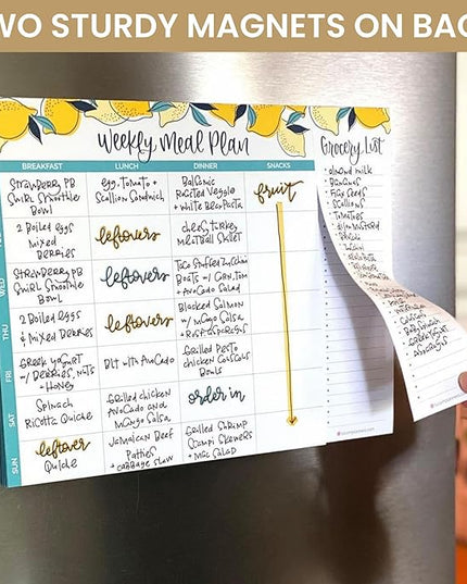 bloom daily planners Horizontal Weekly Magnetic Meal Planning Pad for Fridge with Tear-Off Grocery Shopping List - Hanging Food/Menu Organizer Notepad with Magnets - 8.5” x 11” - Lemons